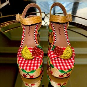 Betsy Johnston wedge size 7 multicolor with cherry and lemon